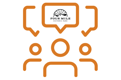Illustration of three figures, speech bubbles, Four Mile Historic Park logo