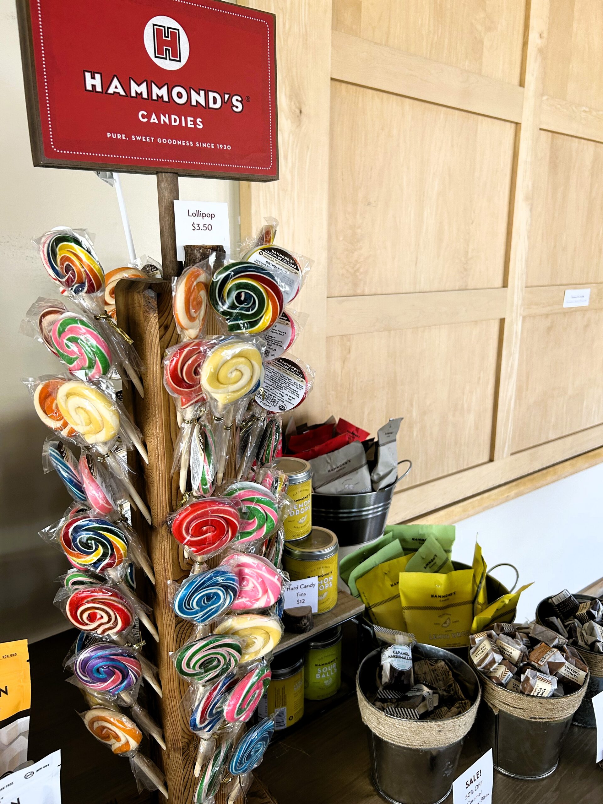 Hammond's Candies display with lollipops priced at $3.50.