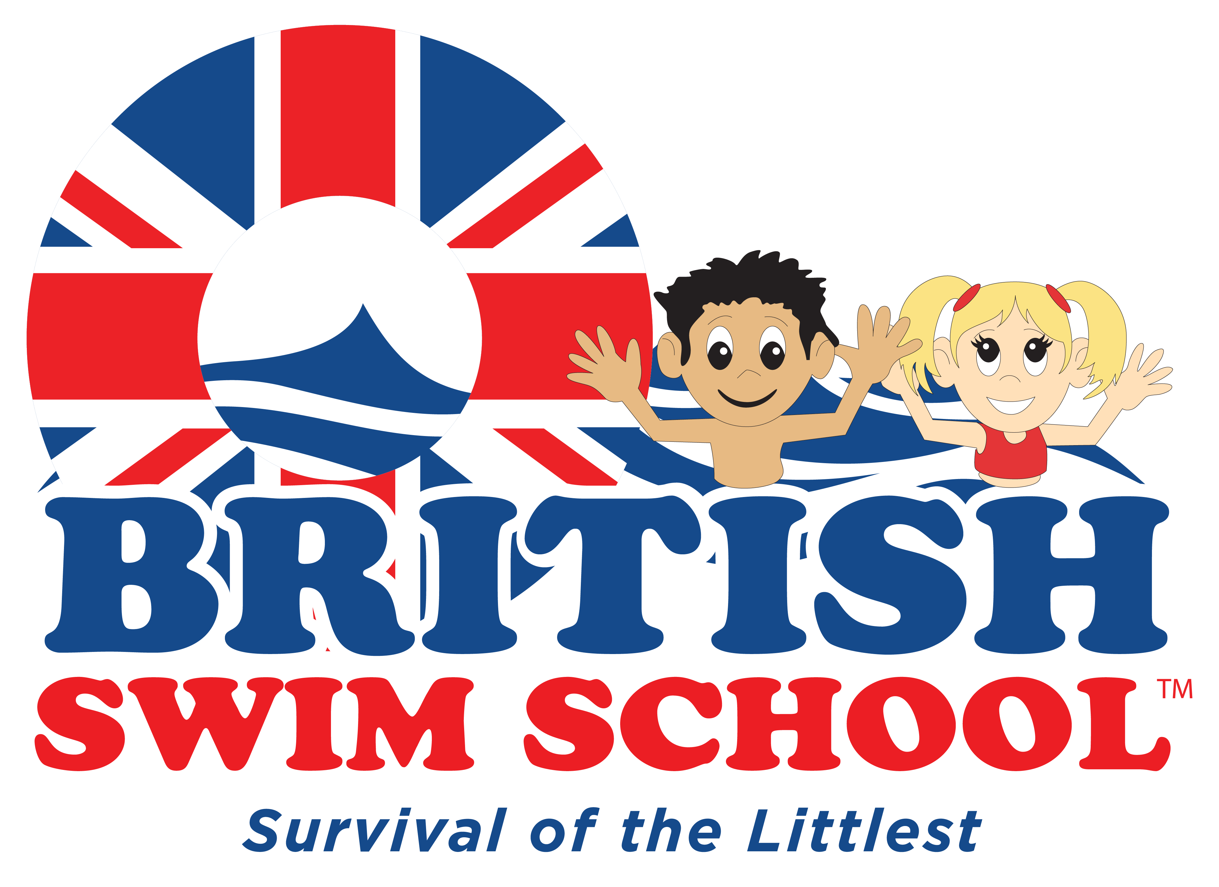 British Swim School logo, "Survival of the Littlest" with children.