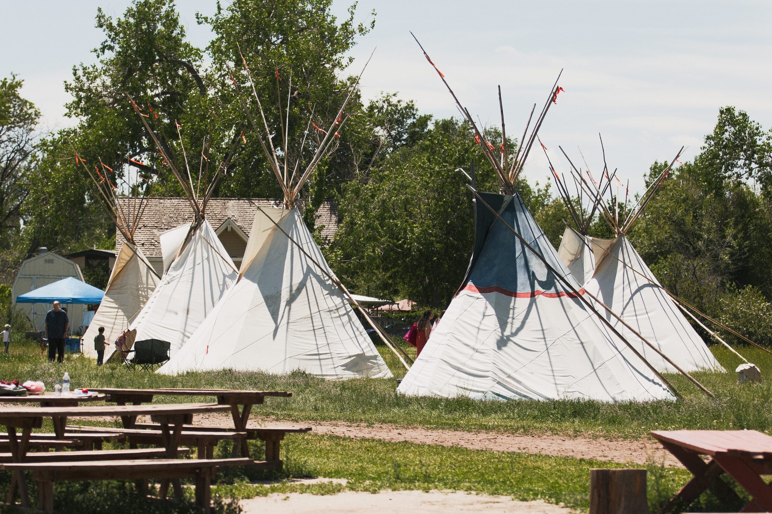 Teepees set up in a grassy area with people nearby under trees