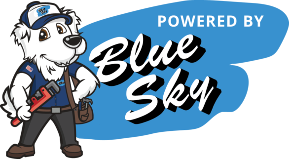 Cartoon dog in uniform with text "Powered by Blue Sky"
