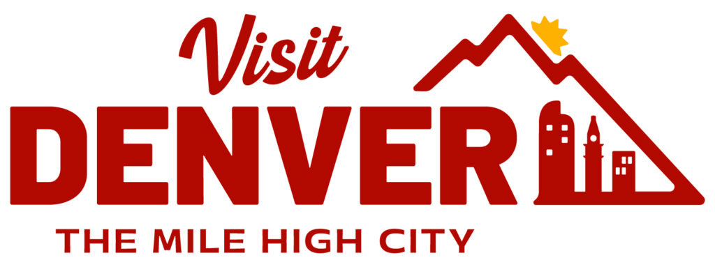 Visit Denver logo, red text with mountain silhouette, "The Mile High City" tagline